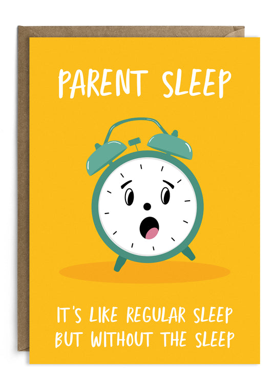 Funny new baby card making a joke about parent sleep, or no sleep.