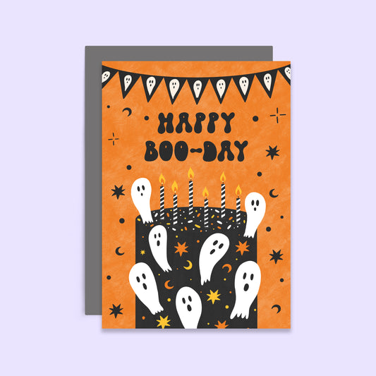 Happy Boo Day Birthday Card | Funny Halloween Ghosts Cake Card