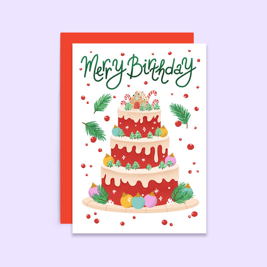 Merry Birthday Card | Christmas Birthday Cake Card | December Birthday