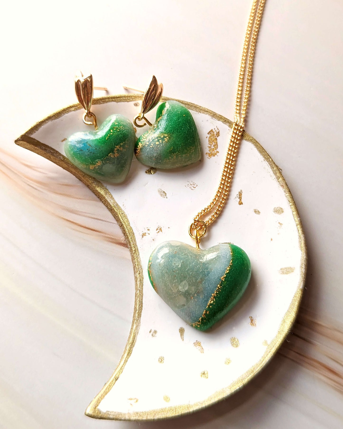 Emerald Green & Gold Heart Earrings and Pendant