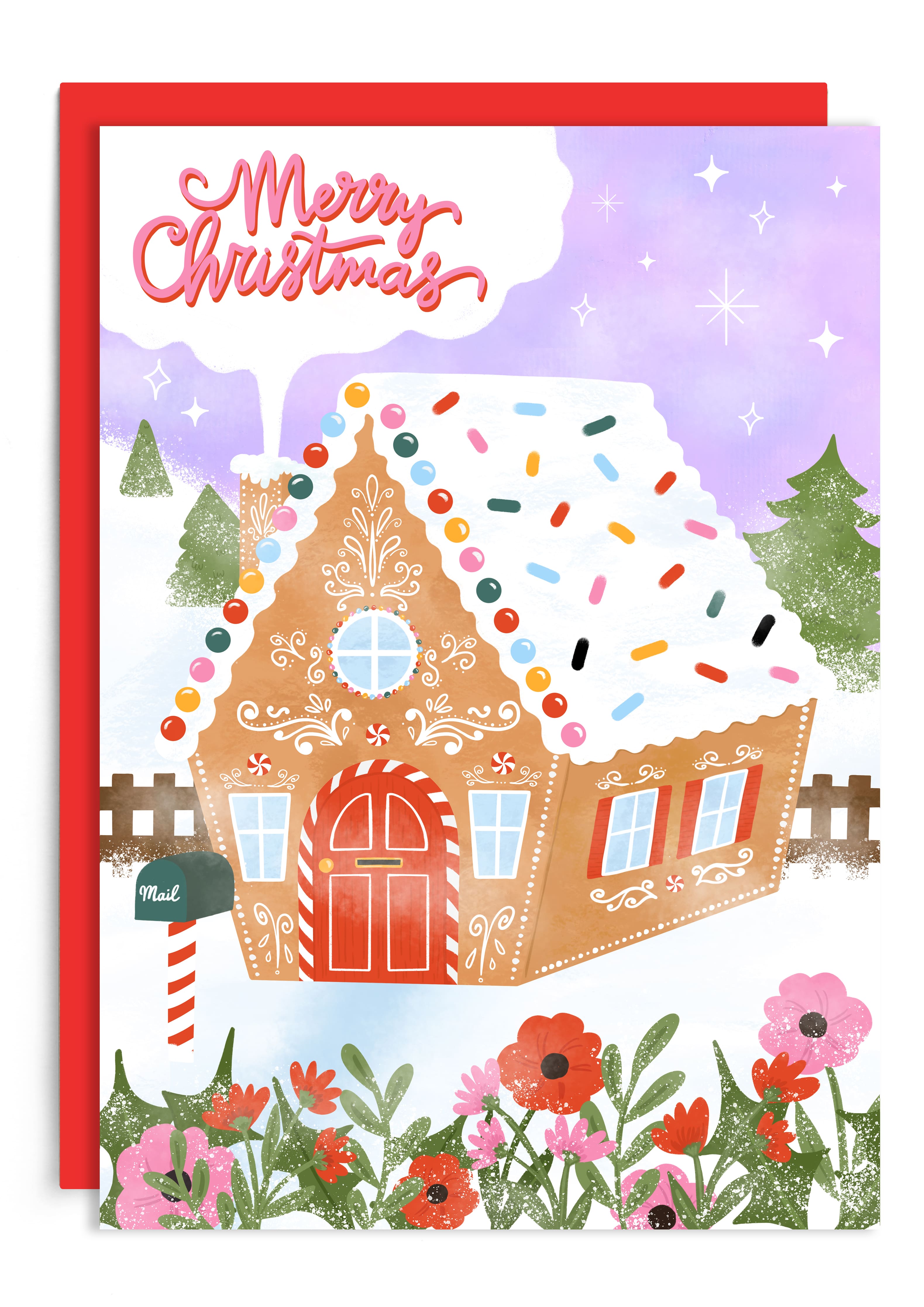 Gingerbread　Pink　–　Holiday　Card　House　Seasonal　Tikkled　Christmas　Card