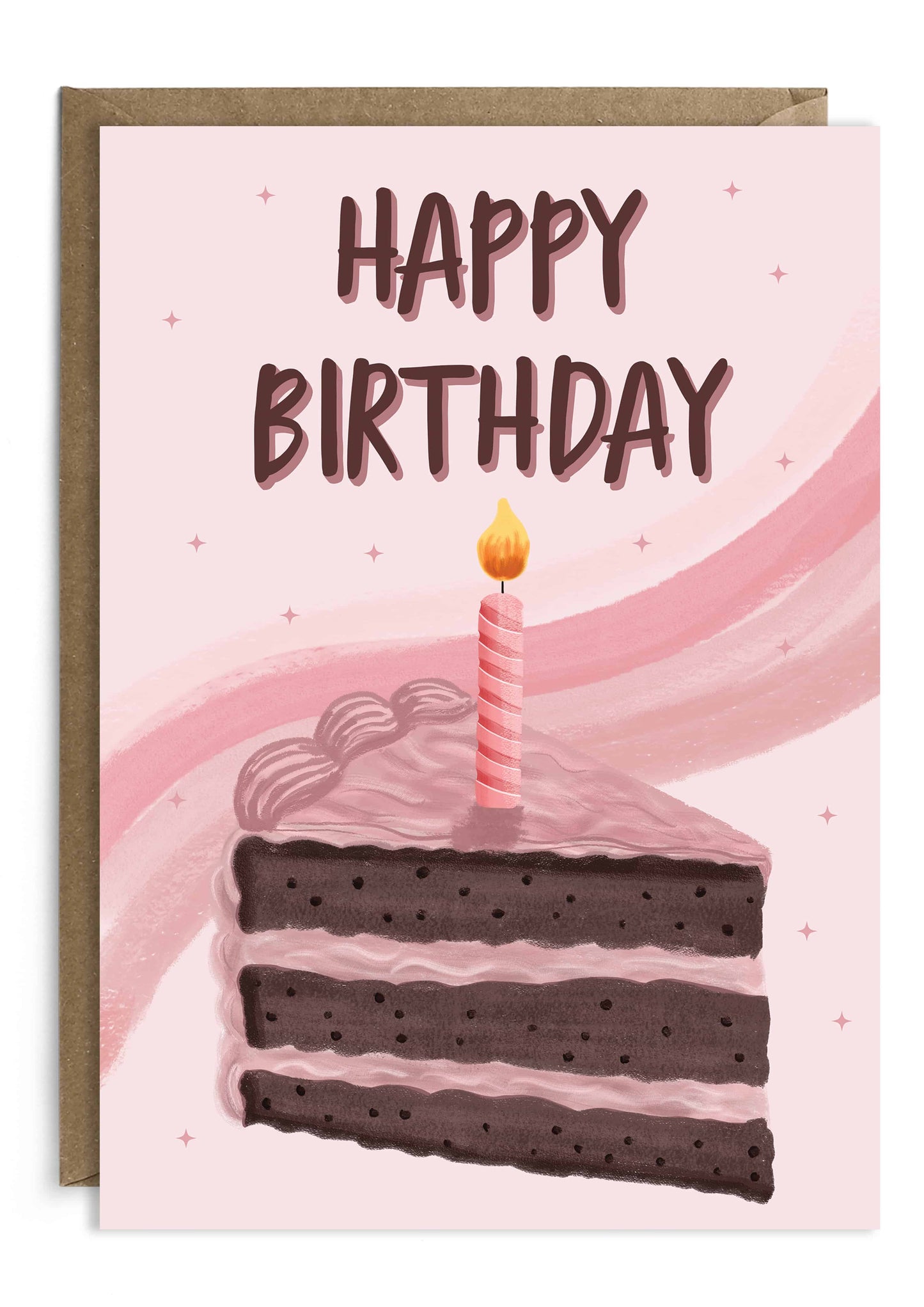 Chocolate cake slice with candle in pink. Birthday cards saying Happy Birthday