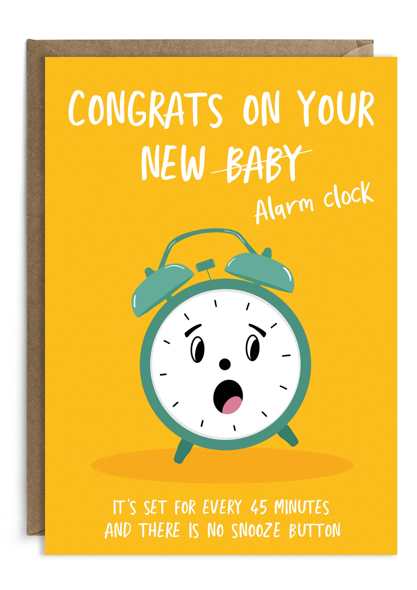 Funny new baby card featuring an alarm clock on yellow background.