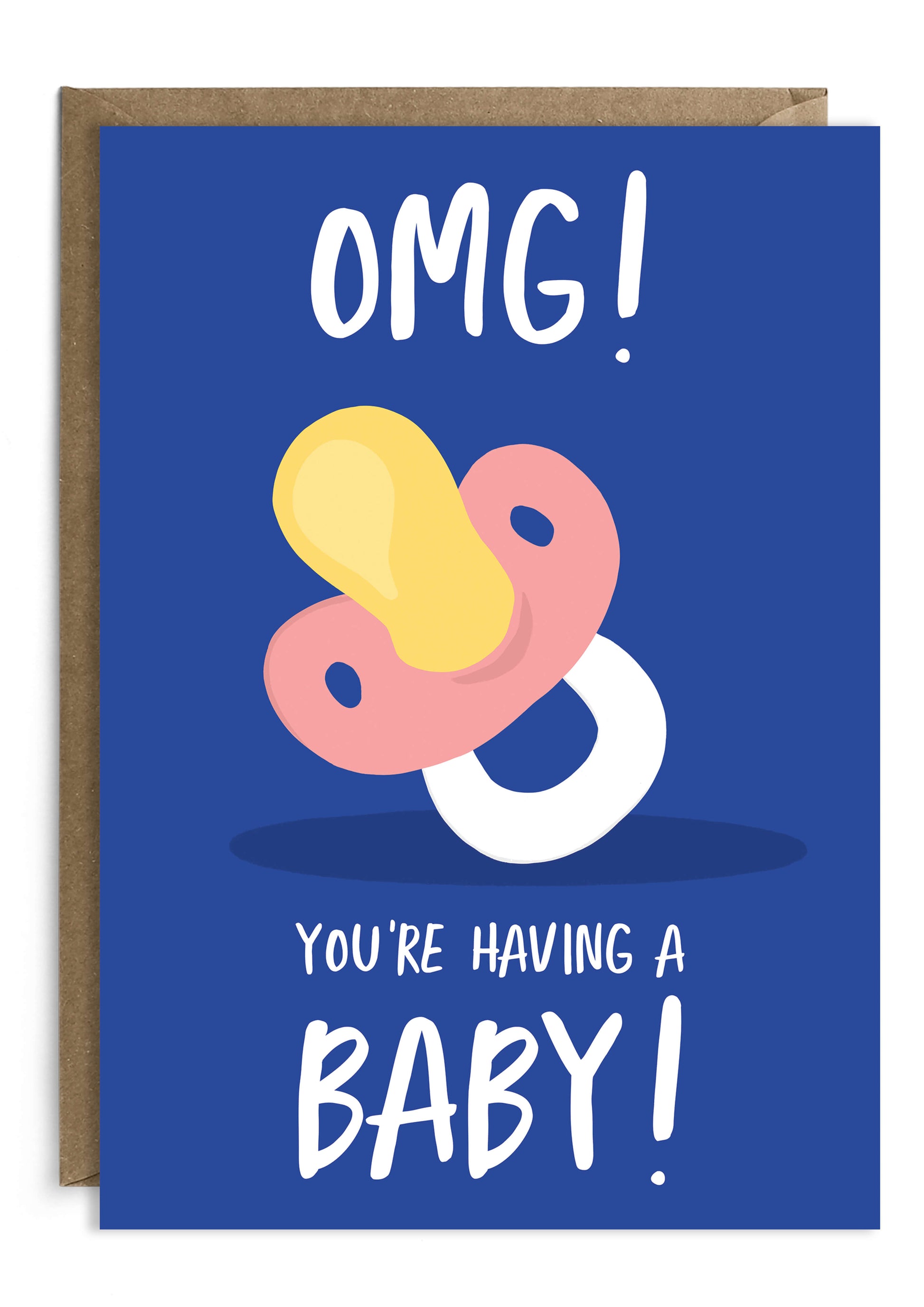 New baby card with illustrated pacifier in blue and pink